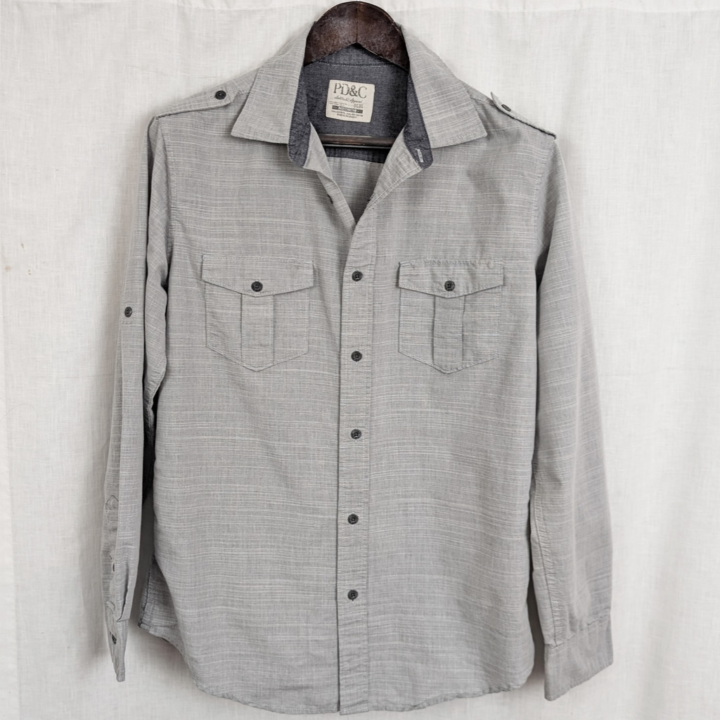 Pd&C Tropical Style Grey Button Up Collared Shirt Medium